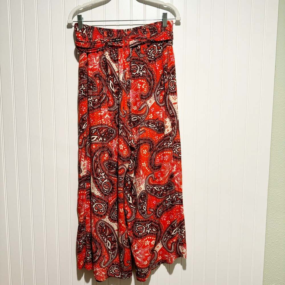 Free People Red Paisley Wide Leg Pants Belted Size Small Boho Western Flowy - Picture 6 of 7